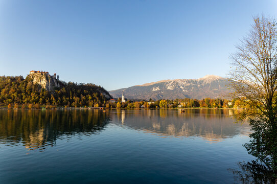 Shot of Straza hill above Lake Bled Bled Slovenia