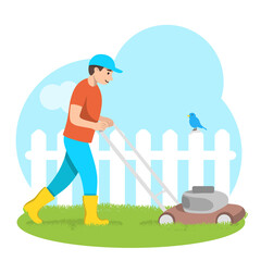 Male gardener with a lawn mower. A man mows the lawn against the background of nature. Colorful vector illustration.