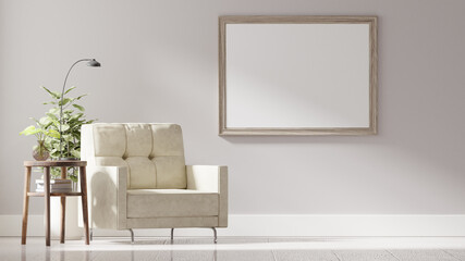 Modern vintage interior of living room, A blank frame on a white wall, 3D Rendering