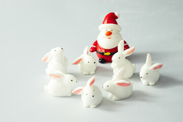 Miniature white seven rabbits psoe many action with Santa Clause in red suit on white