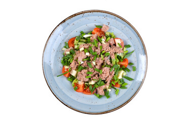 Turkish tuna fish salad. Homemade tuna salad organic vegetables. top view white background. Turkish cuisine salads top view