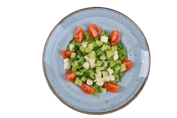 Turkish Aegean Salad. Homemade Aegean salad organic vegetables. top view white background. Turkish cuisine salads top view