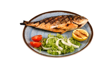 grilled bream and vegetables. It is served with various sauces. white background. grilled fish plate