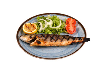 grilled sea bass and vegetables. It is served with various sauces. white background 