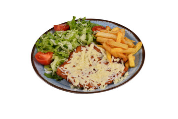 Traditional Italian veal Milanese schnitzel and fried potatoes and salad top view white background.