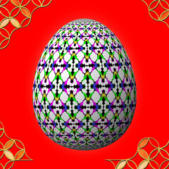 Happy Easter, Artfully designed and colorful 3D easter egg, 3D illustration on red background with frame