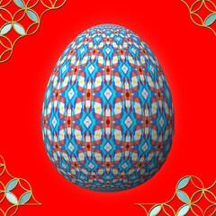 Happy Easter, Artfully designed and colorful 3D easter egg, 3D illustration on red background with frame