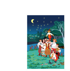 Obraz na płótnie Canvas Vector of the day of Ivan Kupala. People in traditional costumes stand on the bank of the river near the reeds.