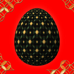 Happy Easter, Artfully designed and colorful 3D easter egg, 3D illustration on red background with frame