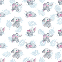 little elephants and tropical leaves seamless pattern pastel colors