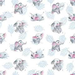 Wallpaper murals Elephant little elephants and tropical leaves seamless pattern pastel colors