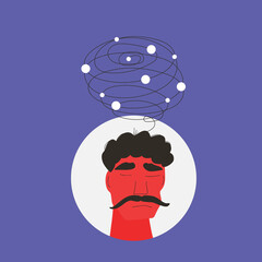 Depression. Portrait of man with some mental issues. Male person with lot of confusing thoughts. Young man with bad mood. Character with special needs. Vector illustration.