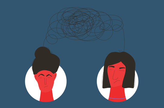 Bad relationship. Conflict. Female people with lot of confusing thoughts about each other. Women with bad mood. Vector flat illustration.