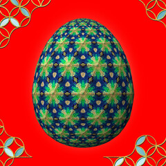 Happy Easter, Artfully designed and colorful 3D easter egg, 3D illustration on red background with frame