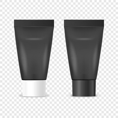 Vector 3d Realistic Plastic, Metal Black Tooth Paste, Cream Tube, Packing with White and Black Cap Set Isolated. Design Template of Toothpaste, Cosmetics, Cream, Tooth Paste for Mockup. Front View