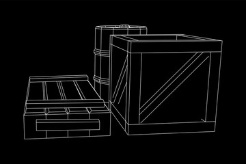 Supplies cargo concept. Pile boxes and barrels. Wireframe low poly mesh vector illustration.