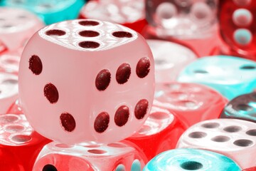 Multicolored dices.  Red, blue, orange, green, pink cubes.  Gambling. Leisure. Entertainment.                                                             
