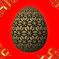 Happy Easter, Artfully designed and colorful 3D easter egg, 3D illustration on red background with frame