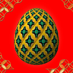 Happy Easter, Artfully designed and colorful 3D easter egg, 3D illustration on red background with frame