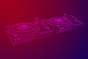 Vinyl turntable audio device. Wireframe low poly mesh vector illustration.