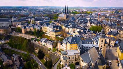 Aerial view over the city of Luxemburg with its beautiful old town district - aerial photography