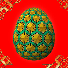 Happy Easter, Artfully designed and colorful 3D easter egg, 3D illustration on red background with frame