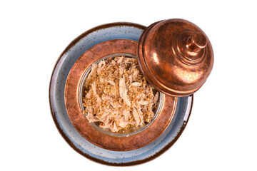 Turkish traditional food of Kastamonu banduma meal, walnuts and dough. Turkish traditional food in white background top view. old turkish copper plate