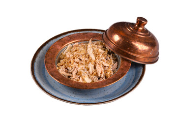 Turkish traditional food of Kastamonu banduma meal, walnuts and dough. Turkish traditional food in white background top view. old turkish copper plate