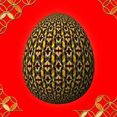 Happy Easter, Artfully designed and colorful 3D easter egg, 3D illustration on red background with frame