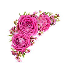 Pink roses and chamelaucium flowers in a corner floral arrangement isolated on white