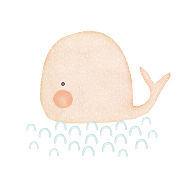 Watercolor Painting Baby Shower Illustration. Nursery Art with Funny Whale and Wavy Water on a White Background. Lovely Print ideal for Card, Wall Art, Poster, Kids Room Decoration. 