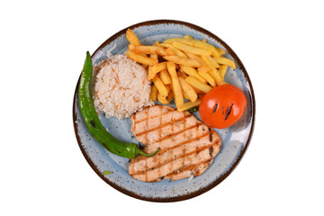 Chicken Langet (chicken, tenderloin) with rice and french fries. top view on white background