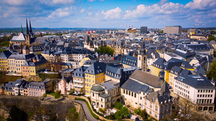 Obraz premium The historic buildings in the city of Luxemburg from above - aerial photography