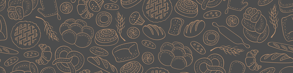 Hand drawn bakery seamless pattern. Horizontal border with food doodles. Vector illustration.