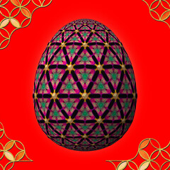 Happy Easter, Artfully designed and colorful 3D easter egg, 3D illustration on red background with frame