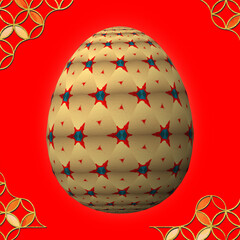 Happy Easter, Artfully designed and colorful 3D easter egg, 3D illustration on red background with frame