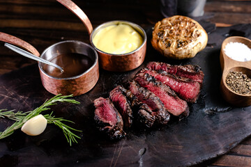Obraz na płótnie Canvas rib eye steak on a wooden cutting board in a steak house