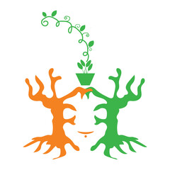 Graphic tee design with face symbol, root of the tree and pot in the top. Clothing, apparel. 