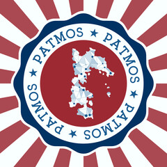 Patmos Badge. Round logo of island with triangular mesh map and radial rays. EPS10 Vector.
