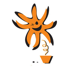 Graphic tee design with sunflower and pot symbol. Clothing, apparel, cartoon, icon, fashion, t-shirt, identity. 