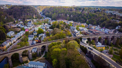 The famous viaduct in the city of Luxemburg from above - aerial photography