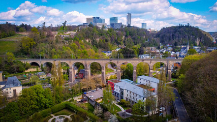 The famous viaduct in the city of Luxemburg from above - aerial photography