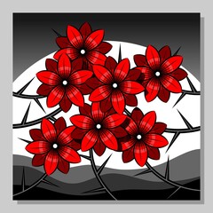 Stylized landscape with red flowers against the background of the moon. Wall decor, poster design. Vector illustration.