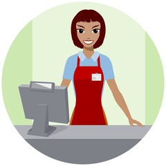 Young woman cashier. Happy girl seller standing at the counter. Vector illustration.