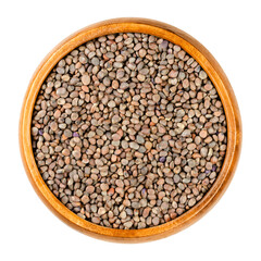 Red radish seeds, in a wooden bowl. Raphanus sativus, an edible root vegetable. Seeds for sprouting red and purple leaved radish. Close-up, from above, isolated on white background, macro food photo.