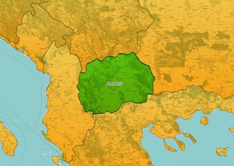 Macedonia map showing country highlighted in green color with rest of European countries in brown