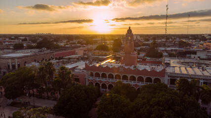 Sunset over the city square of Merida Yucatan