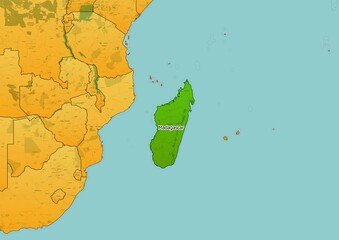 Madagascar map showing country highlighted in green color with rest of African countries in brown