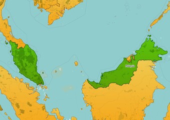 Malaysia map showing country highlighted in green color with rest of Asian countries in brown