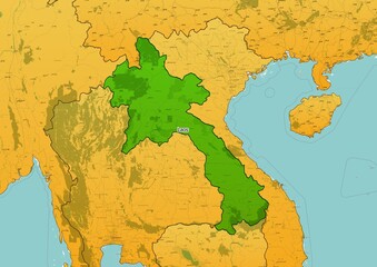 Laos map showing country highlighted in green color with rest of Asian countries in brown